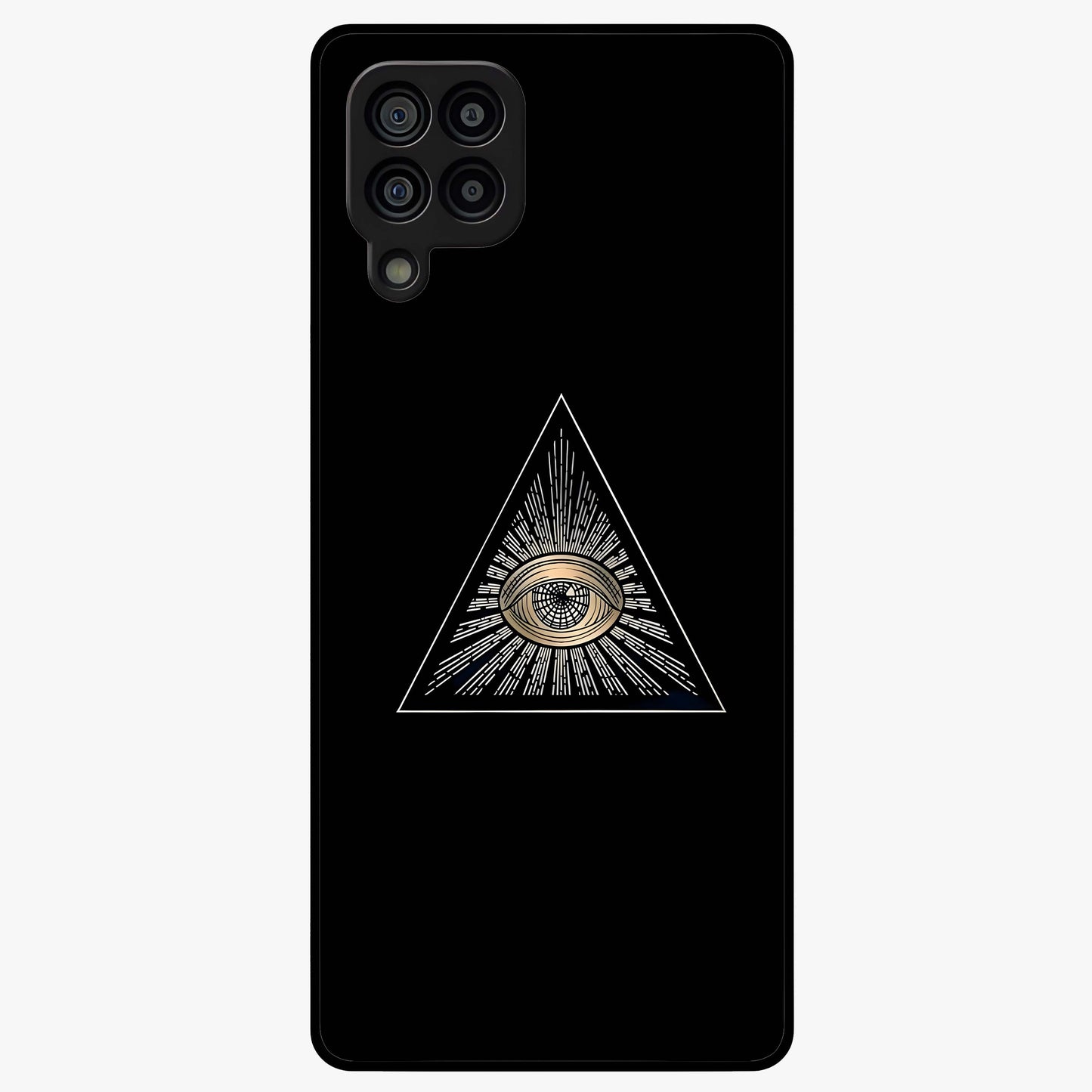 Illuminati Evil Glass Case showing flat back view with mysterious illuminati symbol artwork and glossy glass finish.