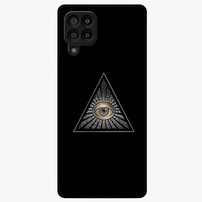 Illuminati Evil Glass Case showing flat back view with mysterious illuminati symbol artwork and glossy glass finish.