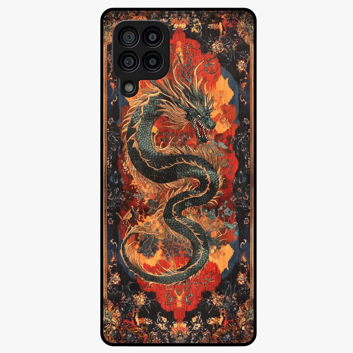 Inferno Dragon Soul Glass Case showing flat back view with fiery dragon artwork and glossy glass finish.