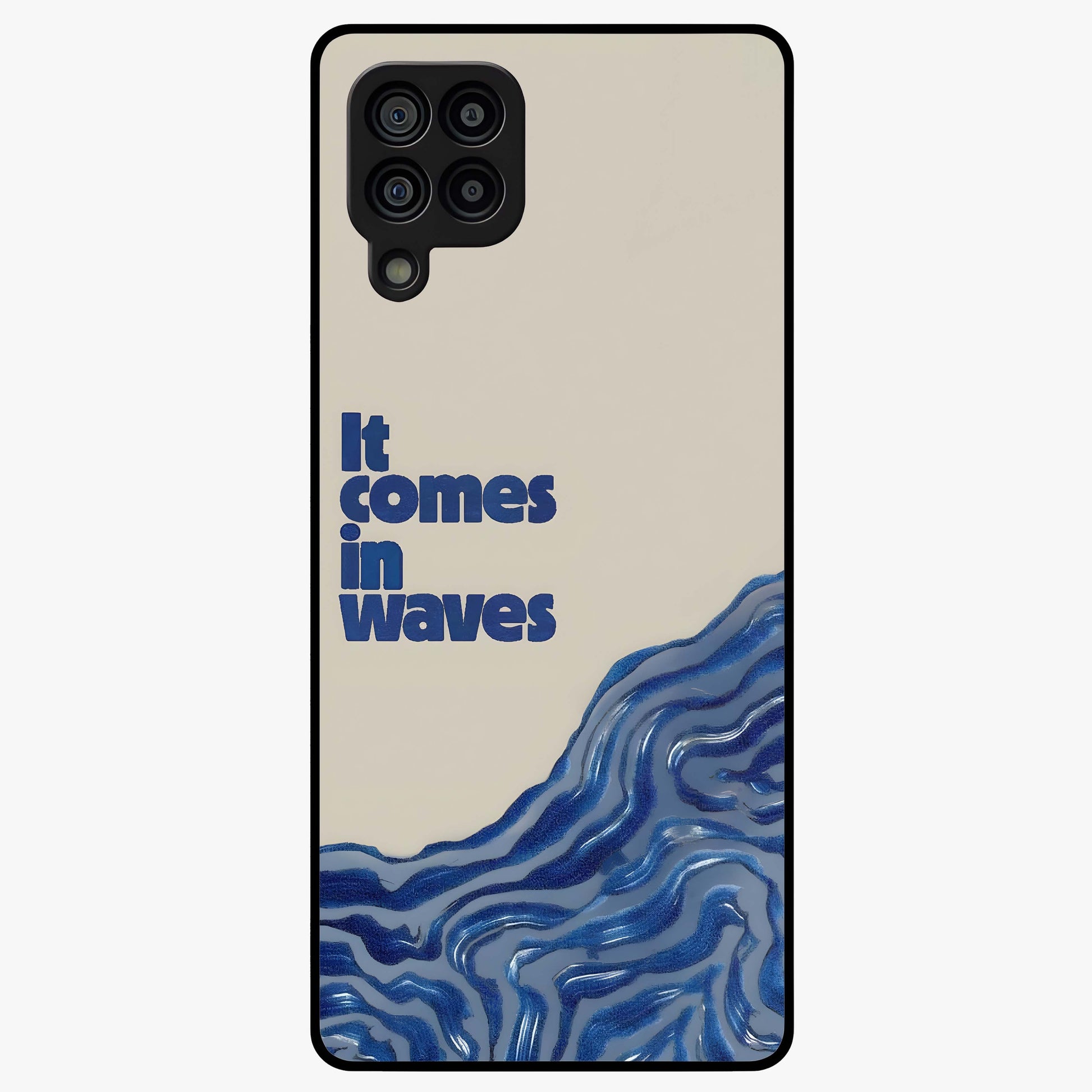 It Comes In Waves Quote Glass Case showing flat back view with inspirational wave themed quote artwork and glossy glass finish.