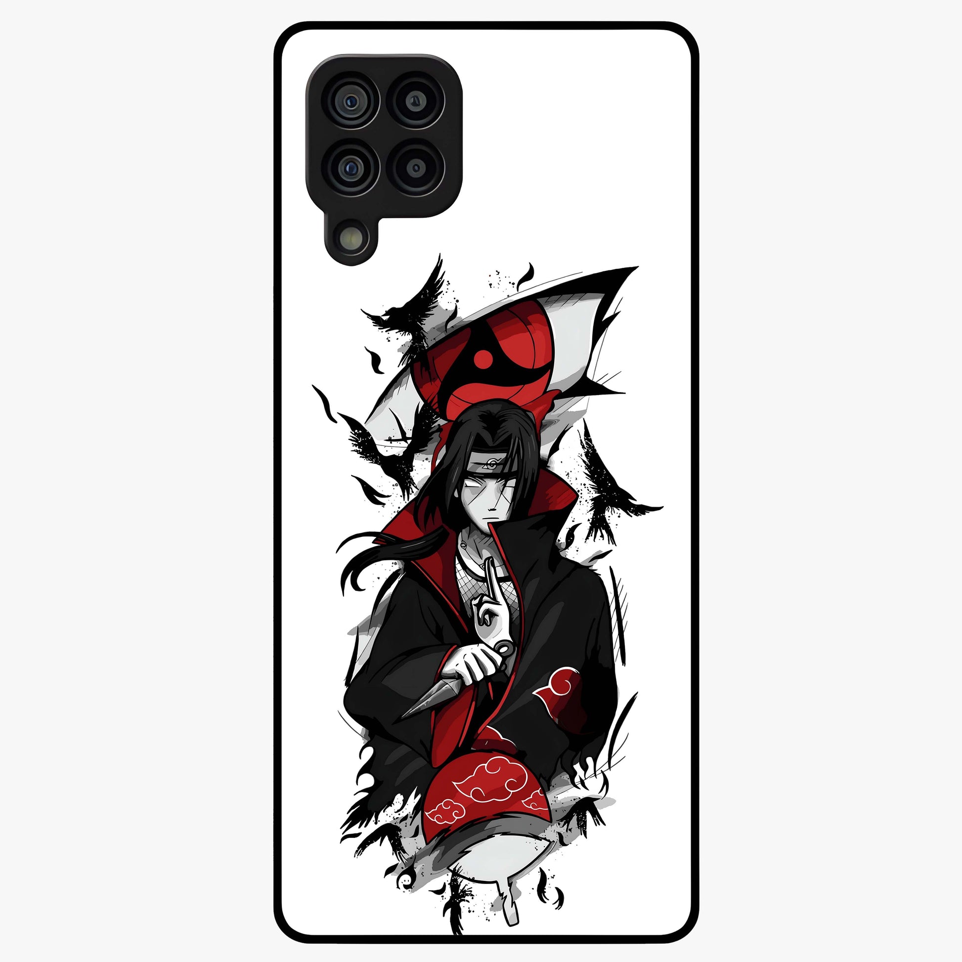 Itachi Sharingan Glass Case showing flat back view with powerful anime eye artwork and glossy glass finish.