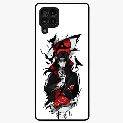 Itachi Sharingan Glass Case showing flat back view with powerful anime eye artwork and glossy glass finish.
