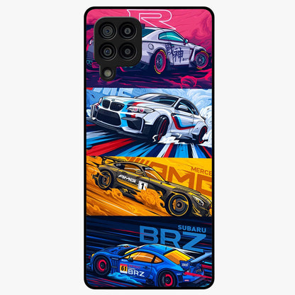 JDM Sports Car Glass Case showing flat back view with high performance sports car artwork and glossy glass finish.