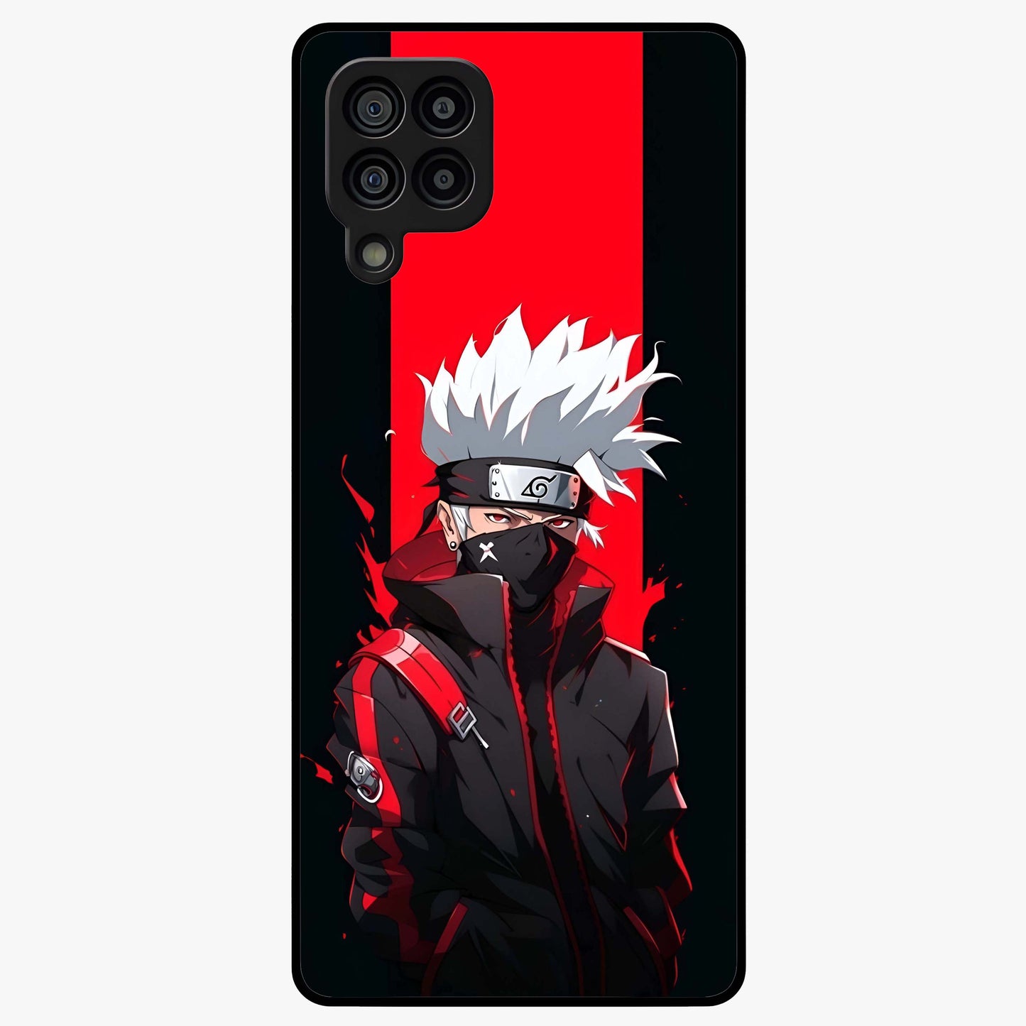 Kakashi Scarlet Shadow Glass Case showing flat back view with powerful anime ninja artwork and glossy glass finish.