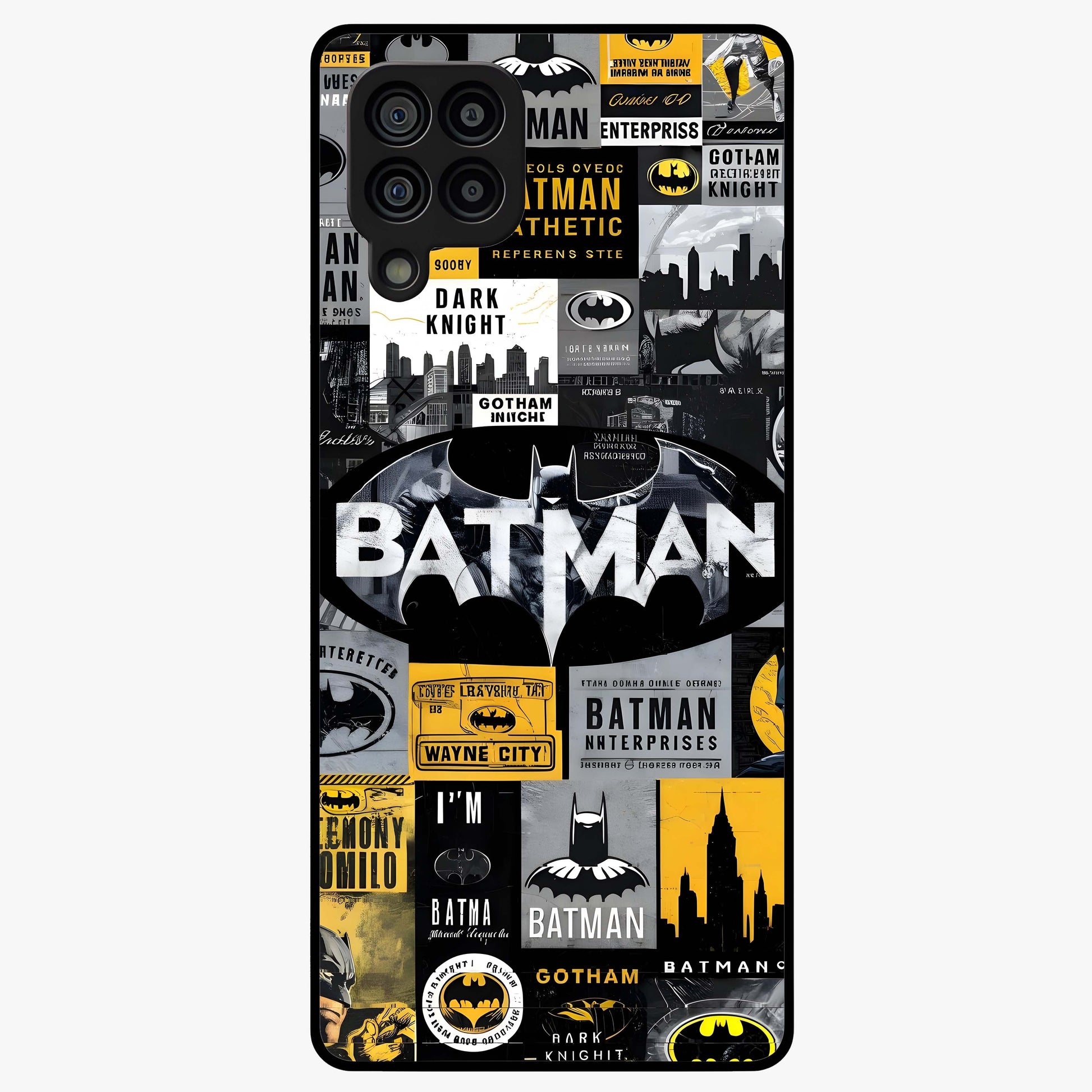 Knight Gotham Rise Glass Case showing flat back view with dark hero inspired artwork and glossy glass finish.
