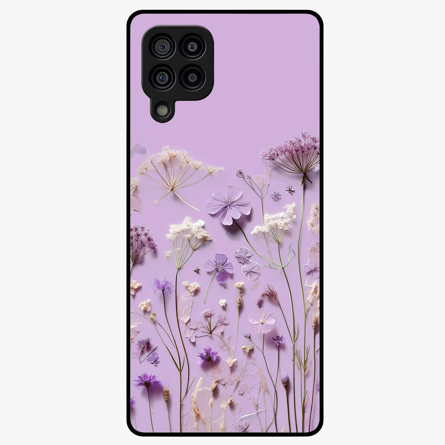 Lavender Blossom Dream Glass Case showing flat back view with soft lavender floral artwork and glossy glass finish.