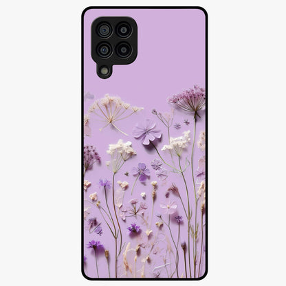 Lavender Blossom Dream Glass Case showing flat back view with soft lavender floral artwork and glossy glass finish.