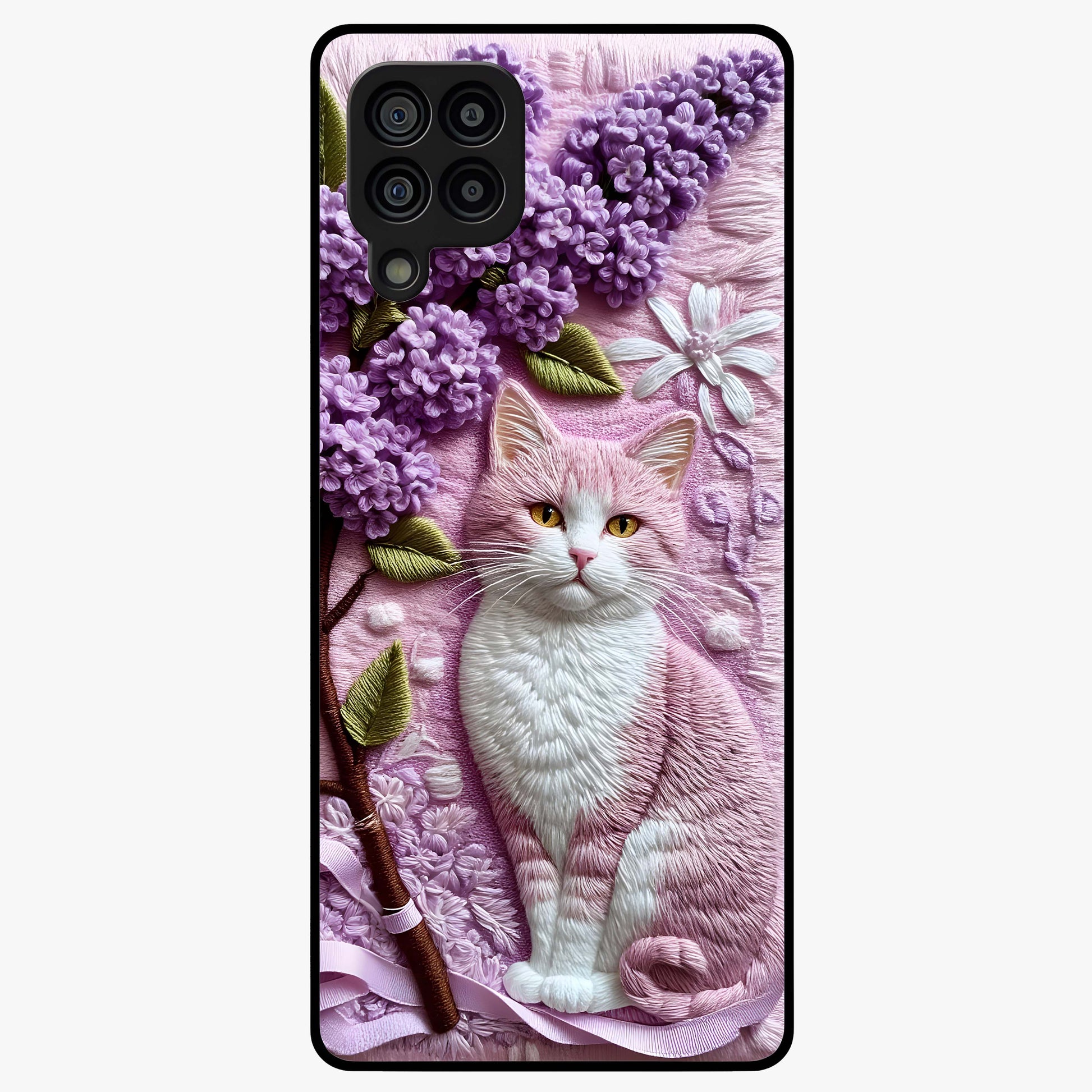 Lavender Cat Whimsy Glass Case showing flat back view with cute lavender cat artwork and glossy glass finish.