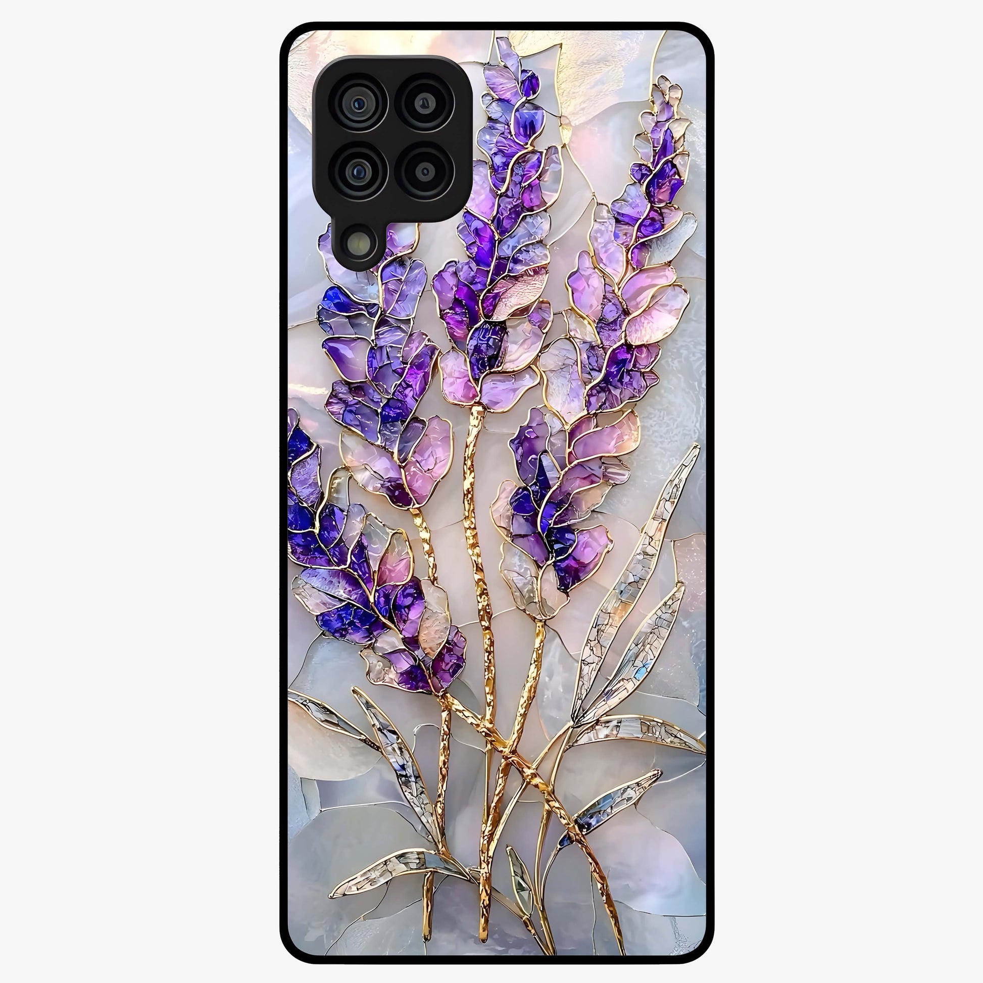 Lavender Dream Glow Glass Case showing flat back view with glowing lavender aesthetic artwork and glossy glass finish.