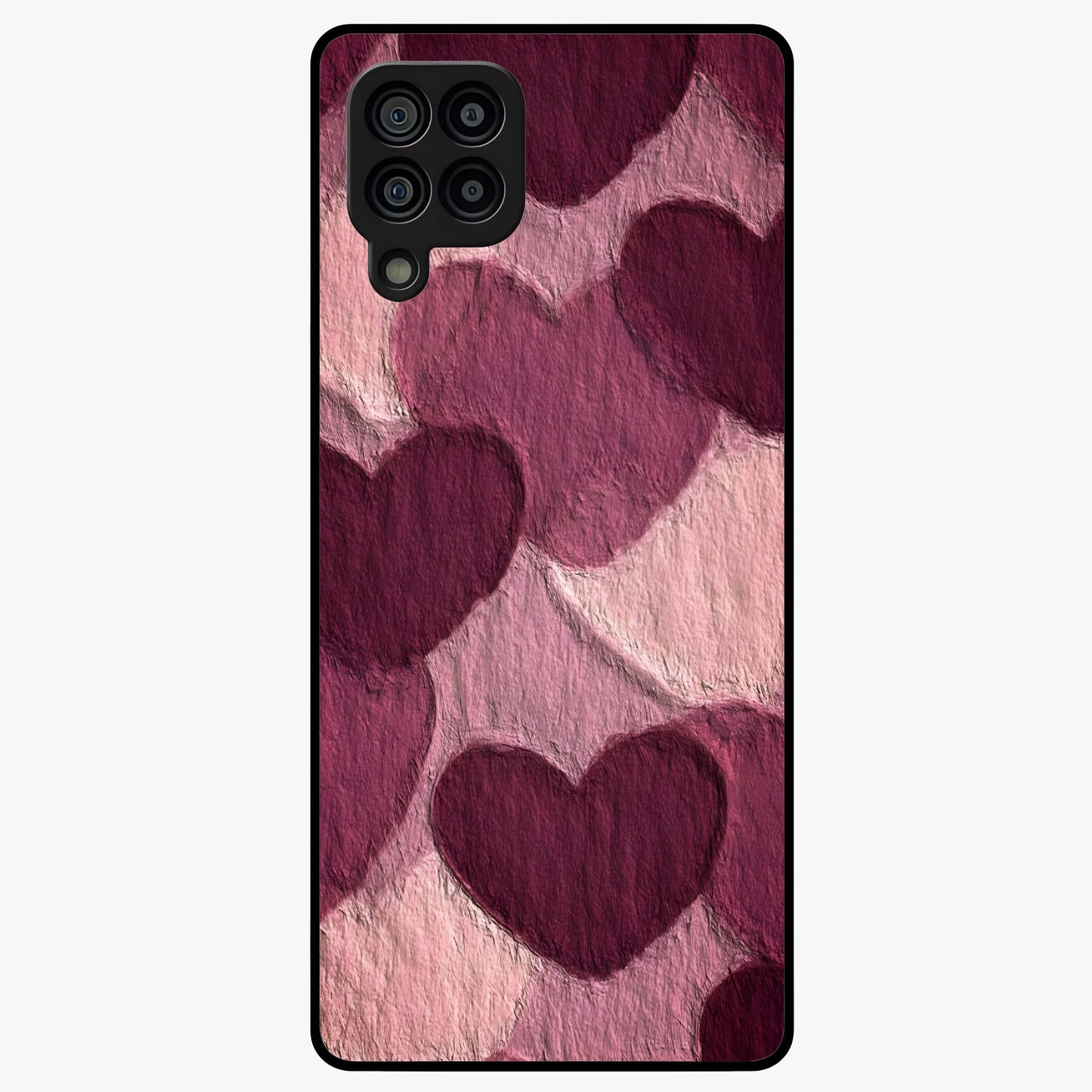 Layered Paper Hearts Glass Case showing flat back view with layered paper heart artwork and glossy glass finish.