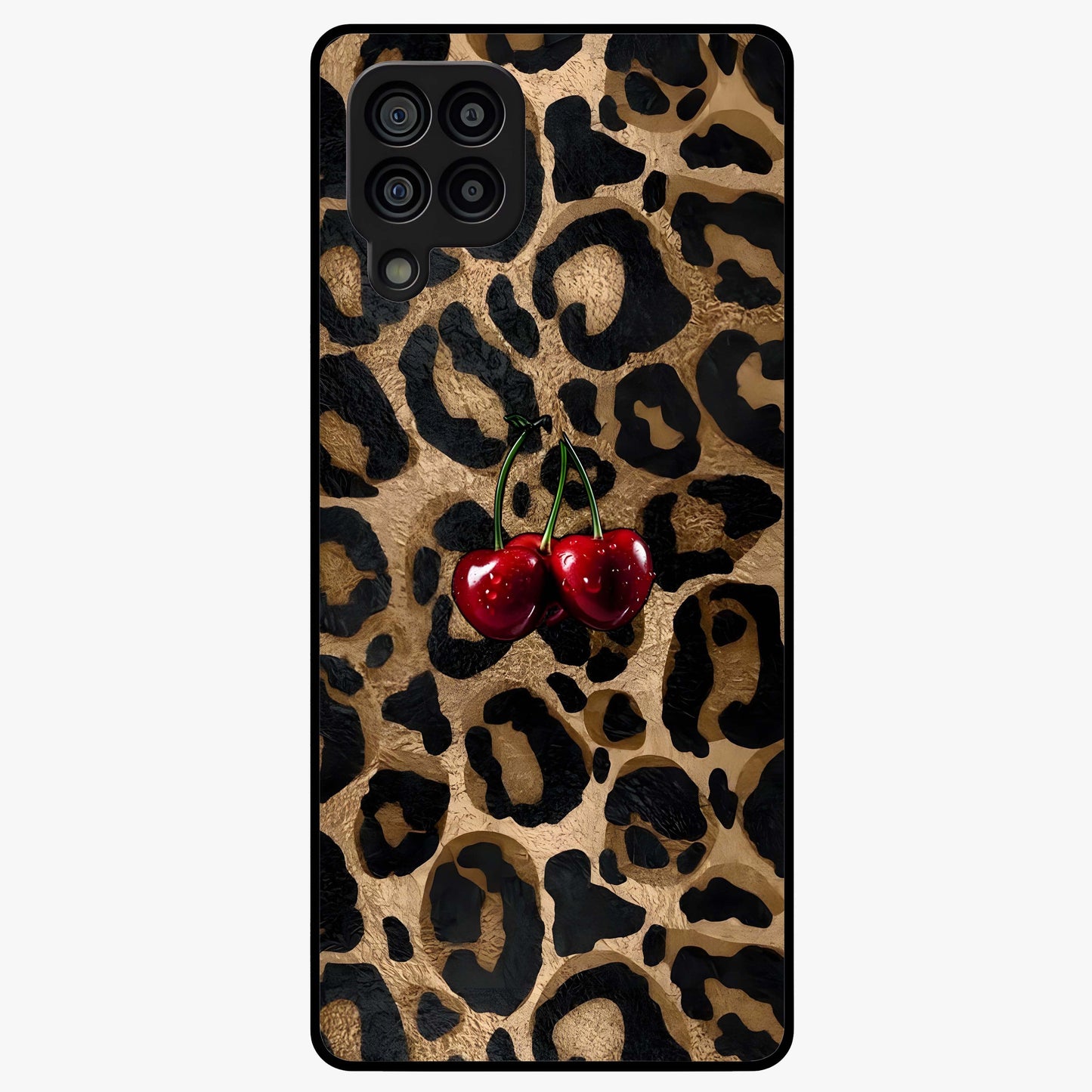 Leopard Wild Cherry Glass Case showing flat back view with leopard pattern and cherry artwork and glossy glass finish.
