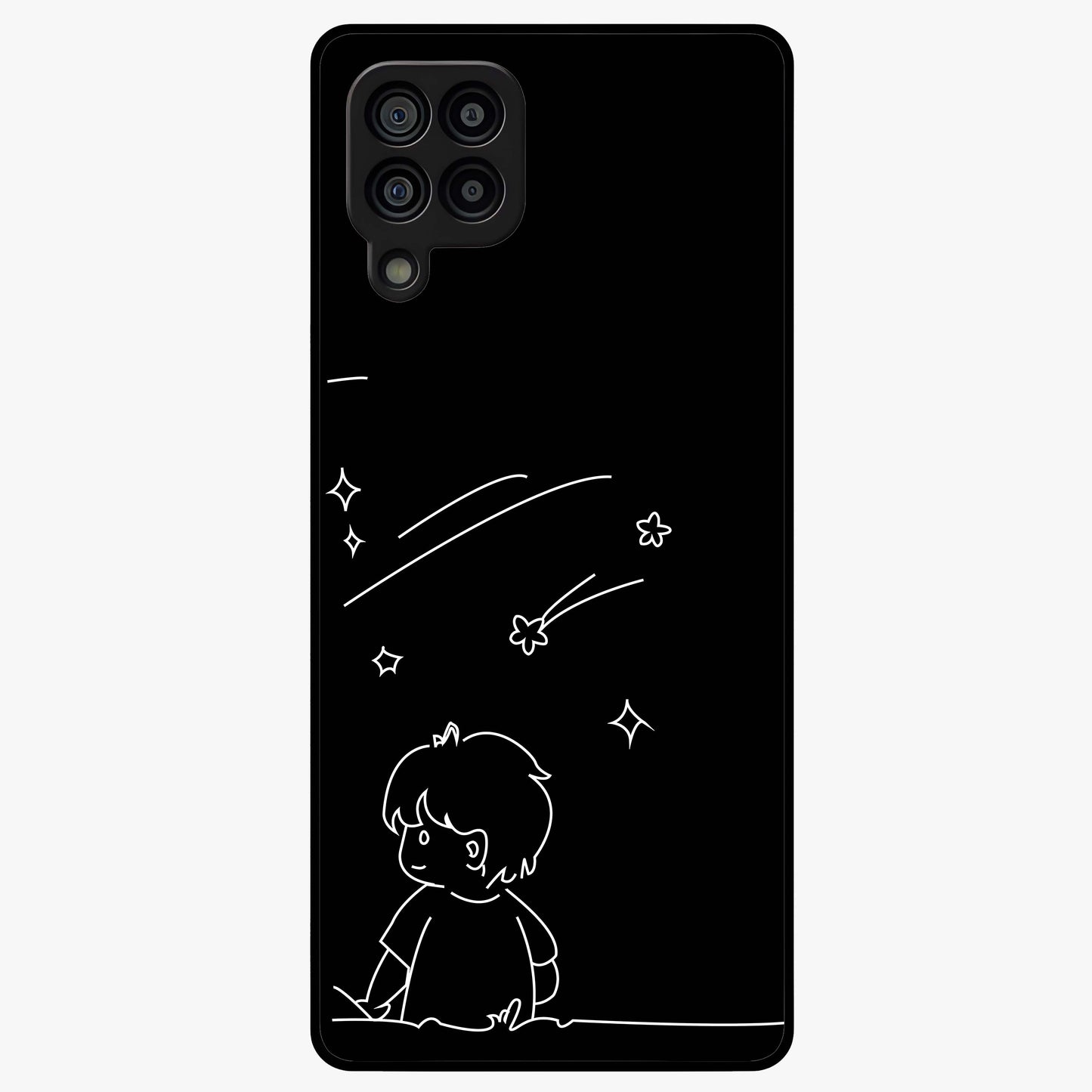 Line Art Boy With Shooting Stars Glass Case showing flat back view with minimal line art boy and shooting stars illustration and glossy glass finish.