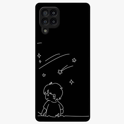 Line Art Boy With Shooting Stars Glass Case showing flat back view with minimal line art boy and shooting stars illustration and glossy glass finish.