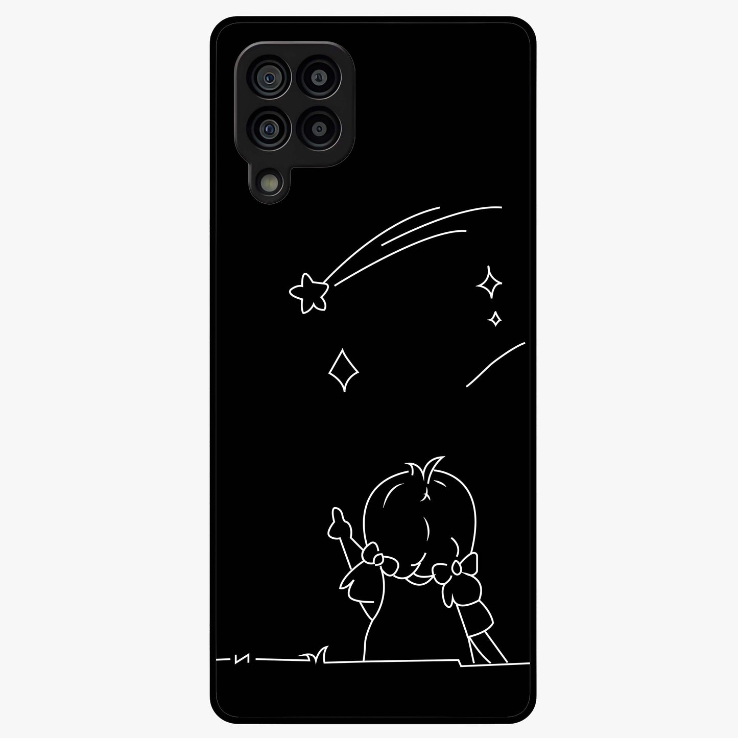 Line Art Girl With Shooting Stars Glass Case showing flat back view with minimal line art girl and shooting stars illustration and glossy glass finish.