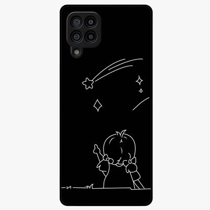 Line Art Girl With Shooting Stars Glass Case showing flat back view with minimal line art girl and shooting stars illustration and glossy glass finish.