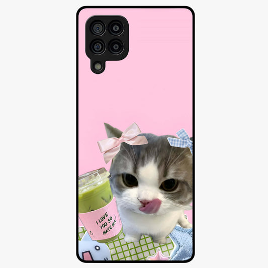 Love Matcha Cat Glass Case showing flat back view with cute cat and matcha themed artwork and glossy glass finish.