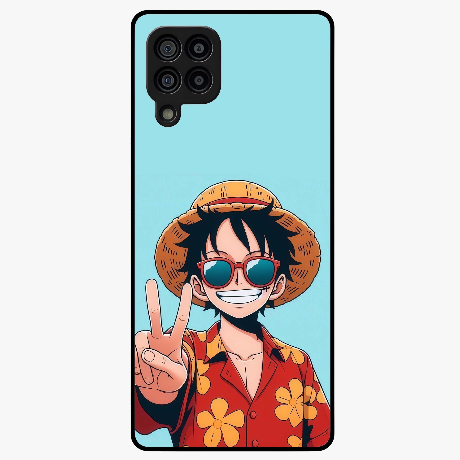 Luffy Summer Anime Vibe Glass Case showing flat back view with vibrant anime character artwork and glossy glass finish.