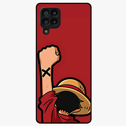Luffy X Spirit Glass Case showing flat back view with bold anime character artwork and glossy glass finish.