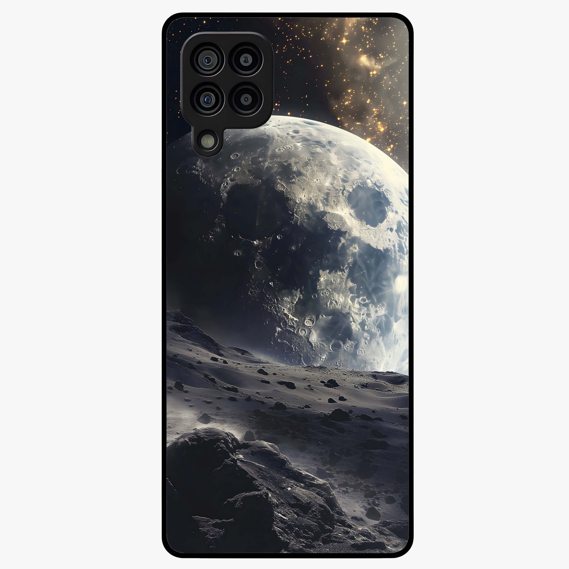 Lunar Horizon Glow Glass Case showing flat back view with glowing moon horizon artwork and glossy glass finish.