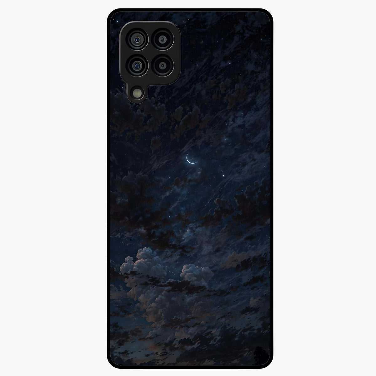 Lunar Veil Silence Glass Case showing flat back view with mystical moon veil artwork and glossy glass finish.
