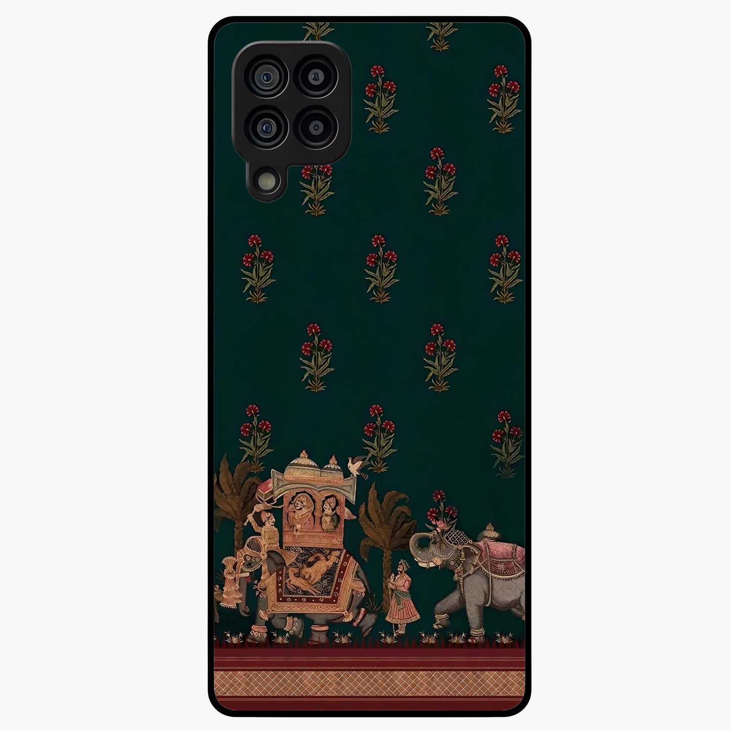 Macmerise Glass Case showing flat back view with stylish modern artwork and glossy glass finish.
