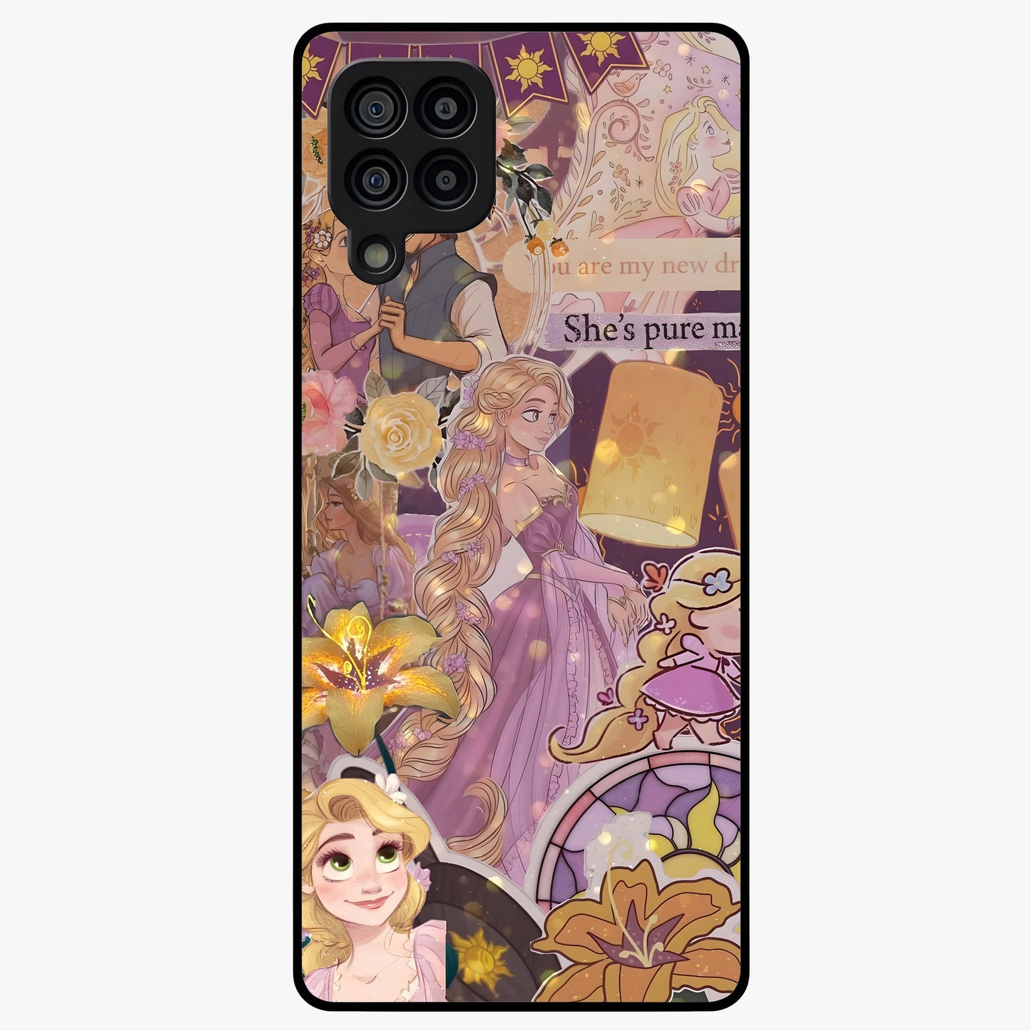 Magical Tangled Dream Glass Case showing flat back view with dreamy tangled artwork and glossy glass finish.