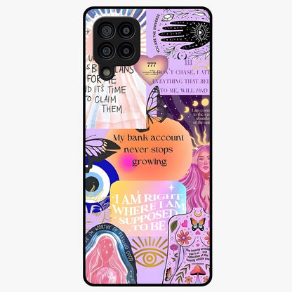 Manifestation Collage Glass Case showing flat back view with motivational collage artwork and glossy glass finish.