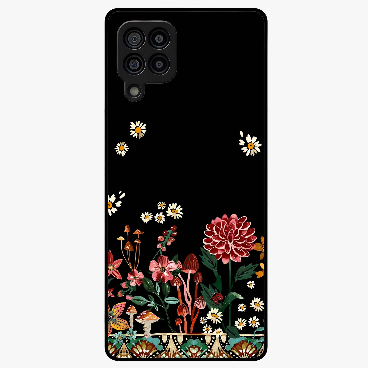 Midnight Bloom Pattern Glass Case showing flat back view with dark floral pattern artwork and glossy glass finish.