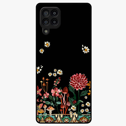 Midnight Bloom Pattern Glass Case showing flat back view with dark floral pattern artwork and glossy glass finish.