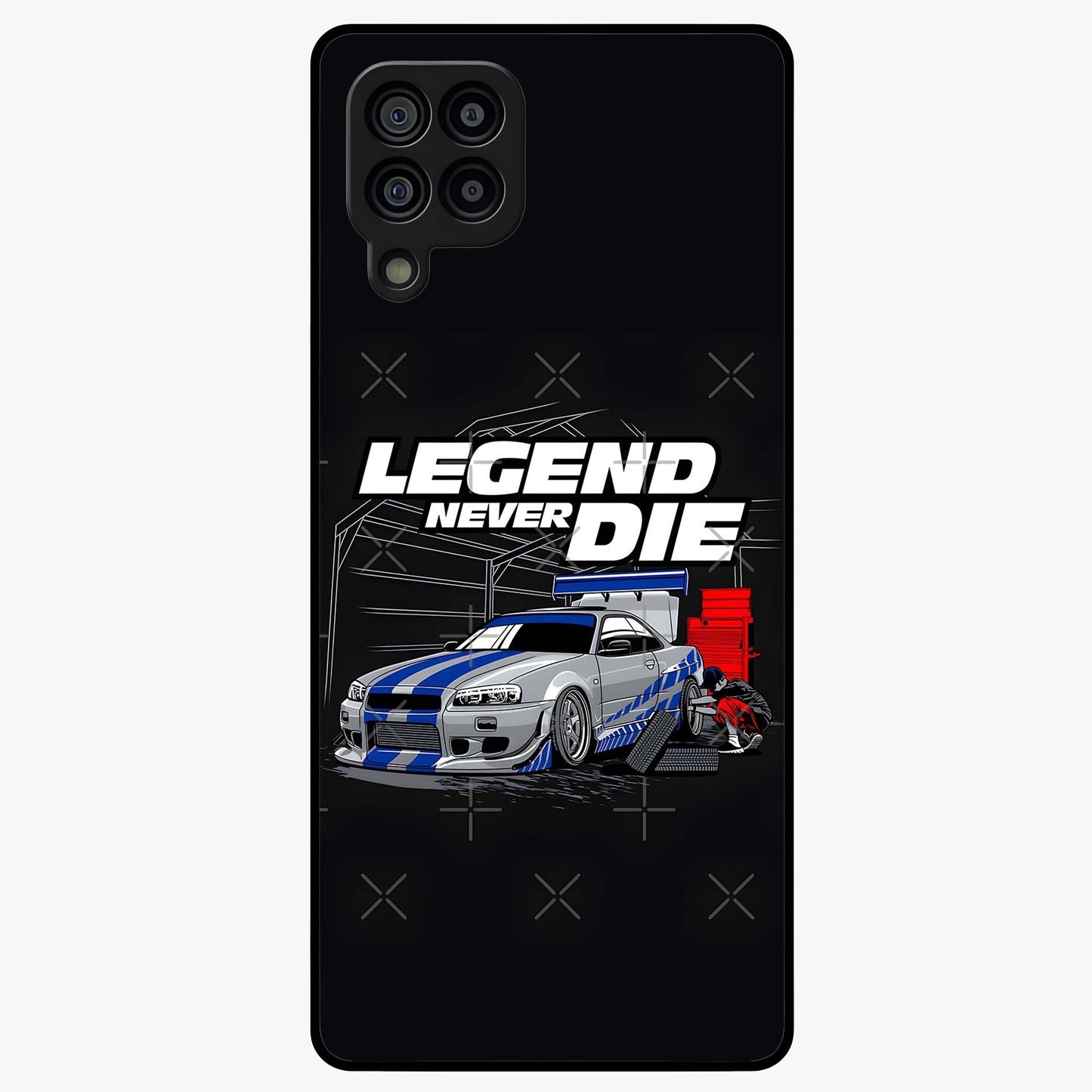 Midnight Racing Legacy Glass Case showing flat back view with sleek racing inspired artwork and glossy glass finish.