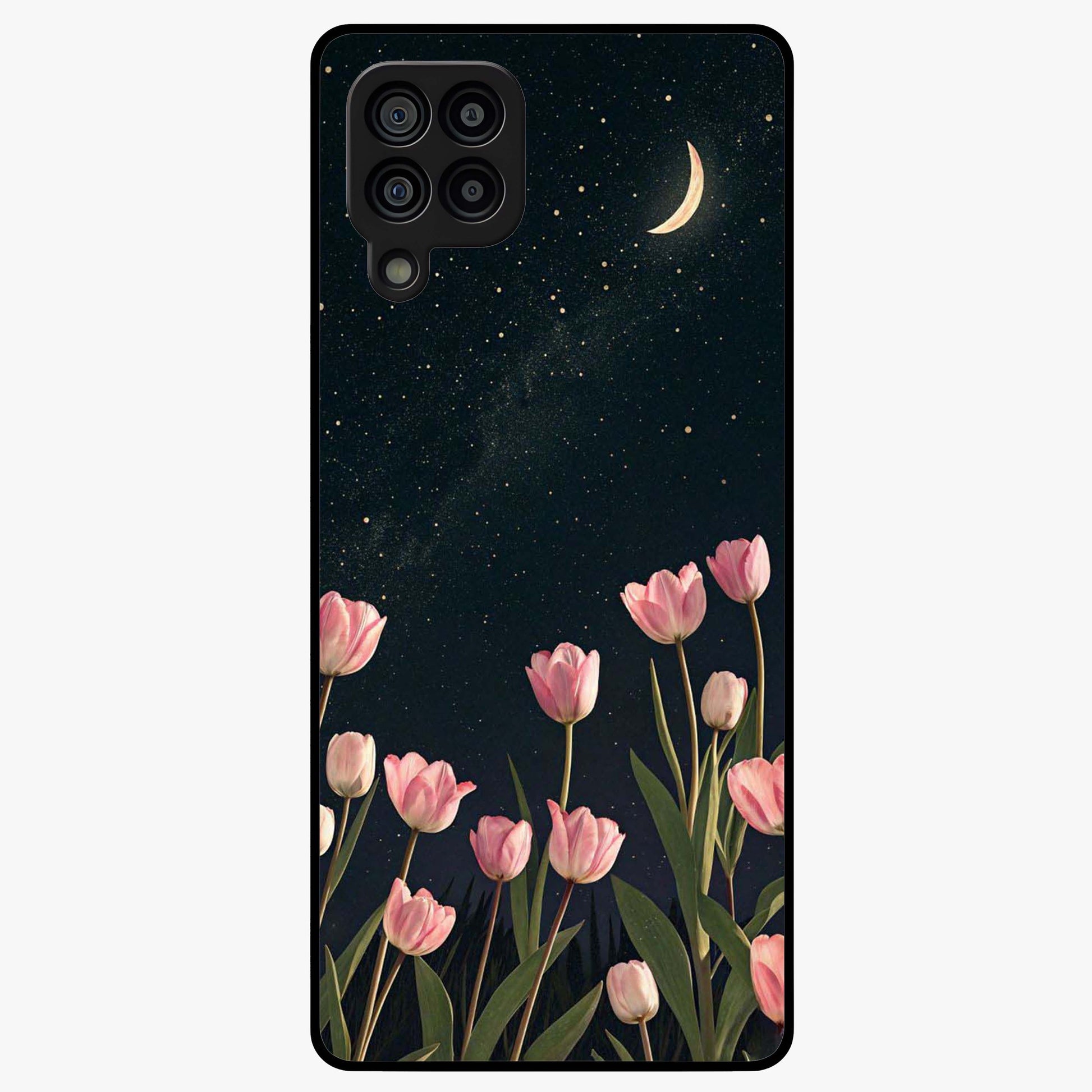 Midnight Tulip Whispers Vibe Glass Case showing flat back view with elegant tulip flower artwork and glossy glass finish.