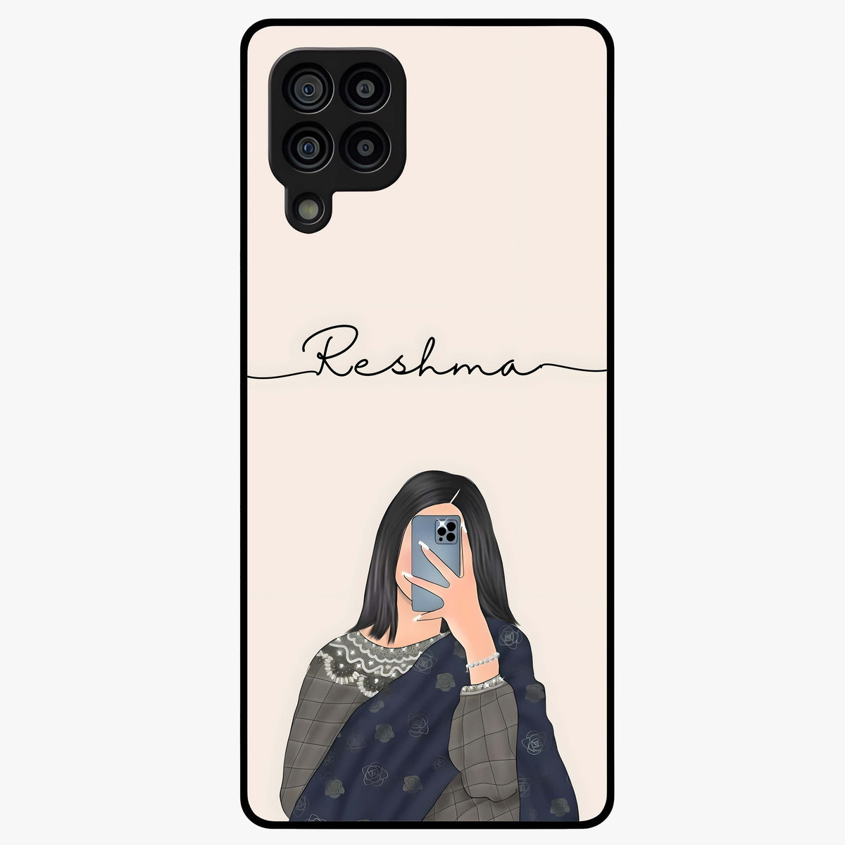 Mirror Mood Muse With Custom Name Glass Case showing flat back view with stylish mirrored artwork and personalized name design.