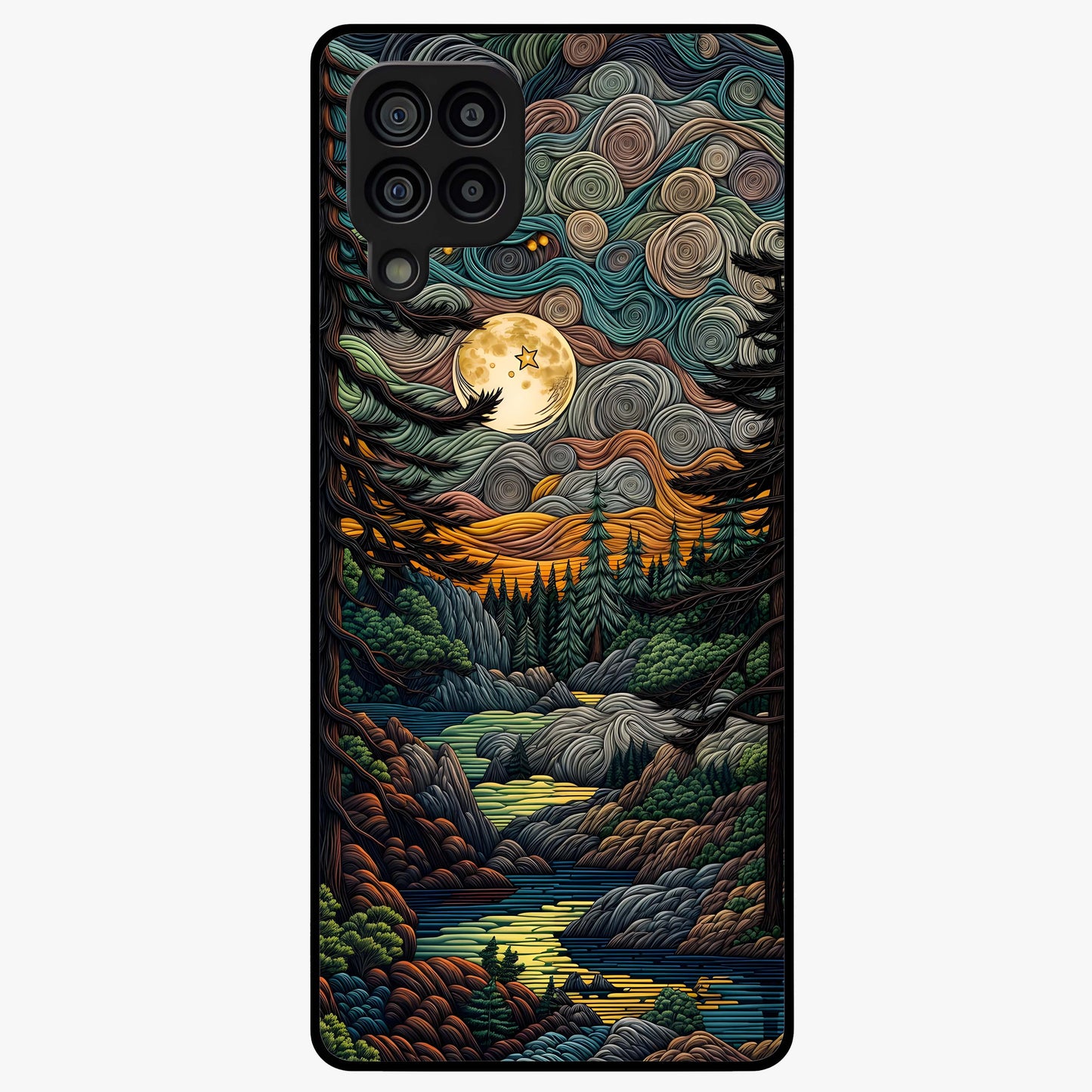 Moonlight Forest Dream Glass Case showing flat back view with mystical forest moonlight artwork and glossy glass finish.