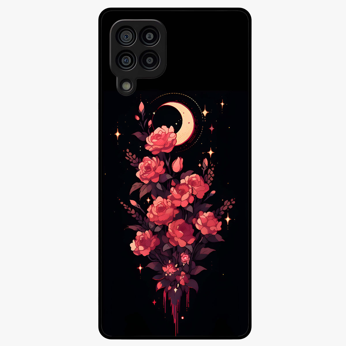 Moonlit Floral Elegance Glass Case showing flat back view with elegant floral artwork under moonlit tones and glossy glass finish.