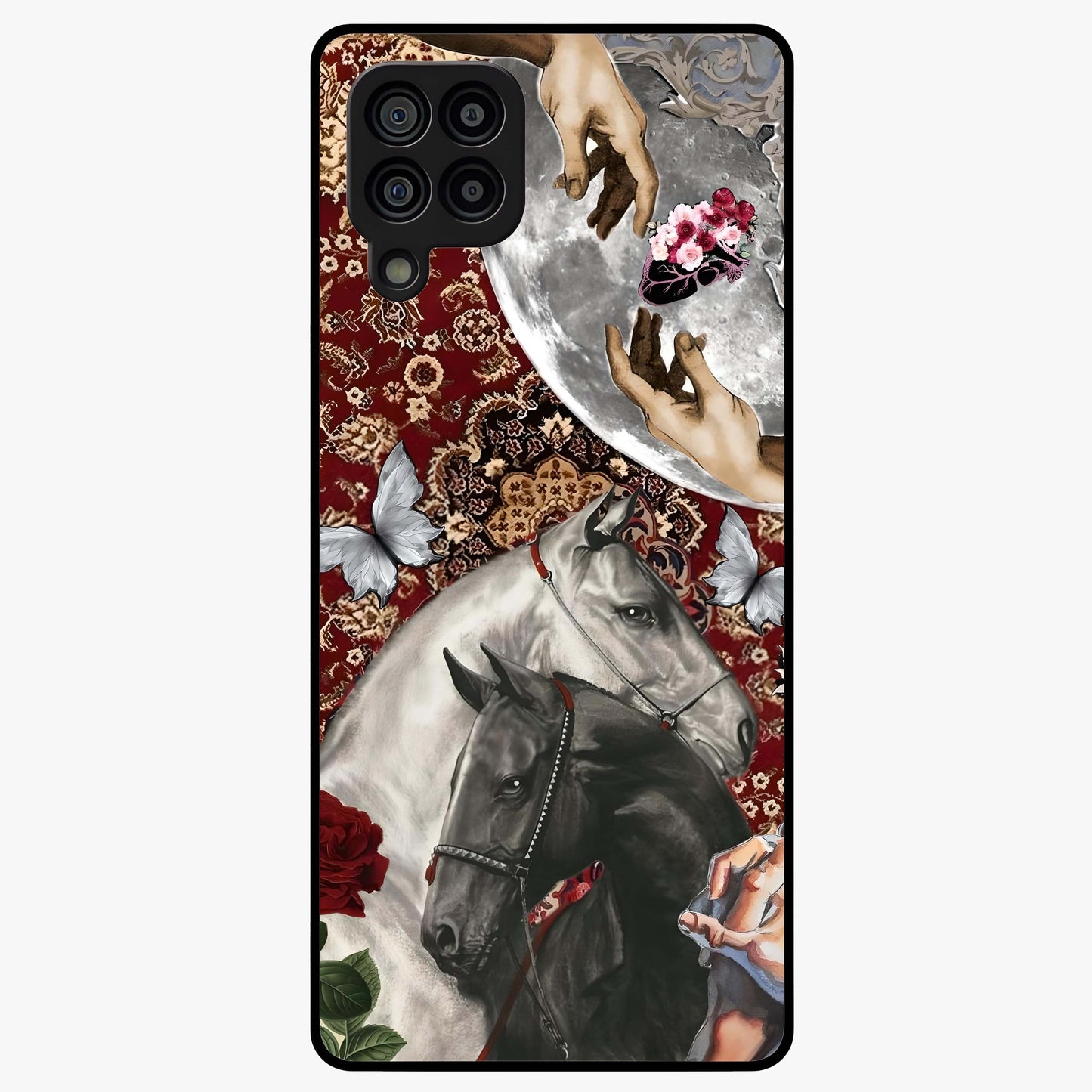 Moonlit Royal Stallion Glass Case showing flat back view with majestic horse under moonlight artwork and glossy glass finish.