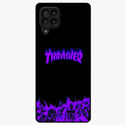 Neon Flame Riot Glass Case showing flat back view with neon flame artwork and glossy glass finish.