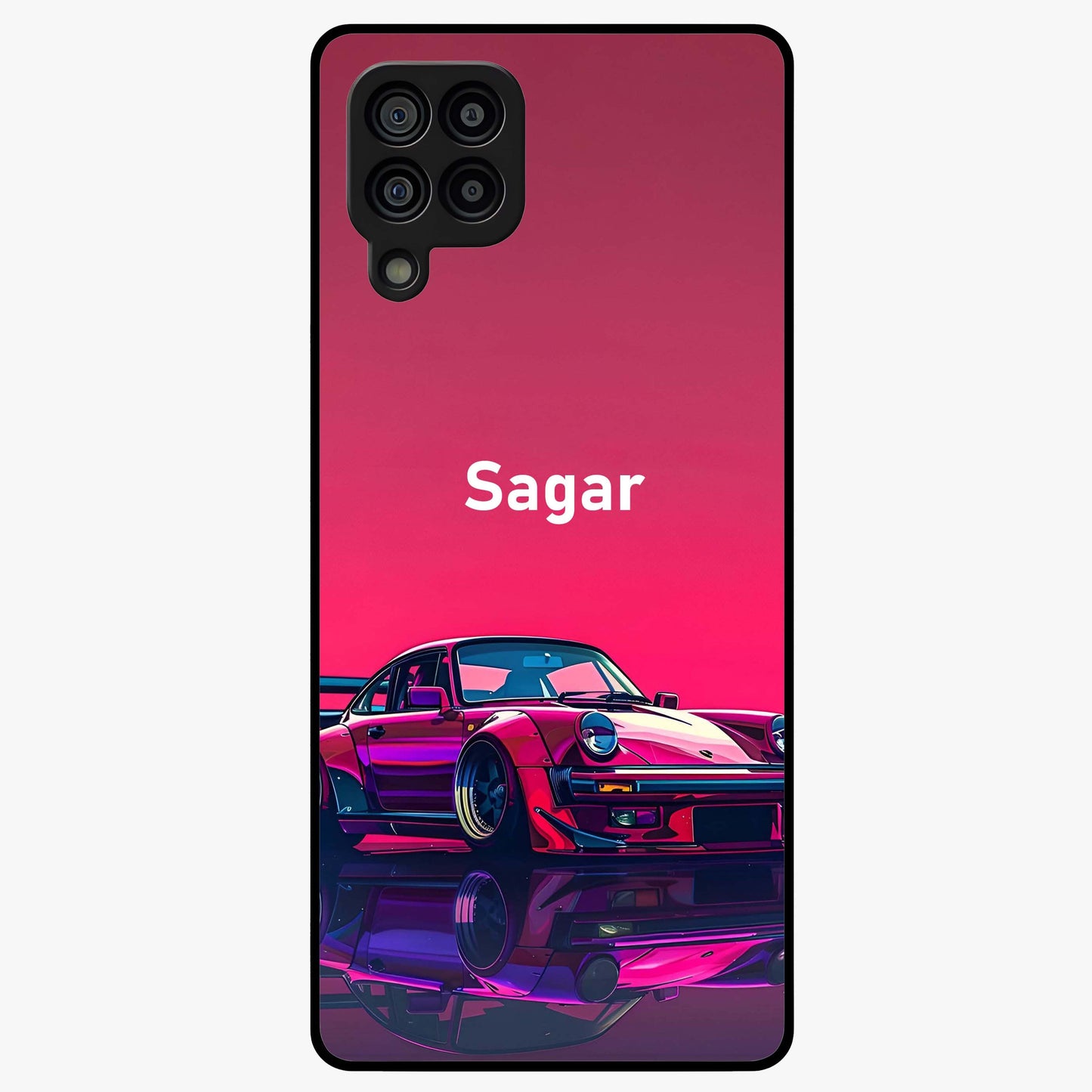 Neon Pink Porsche Glass Case showing flat back view with stylish sports car artwork and glossy glass finish.