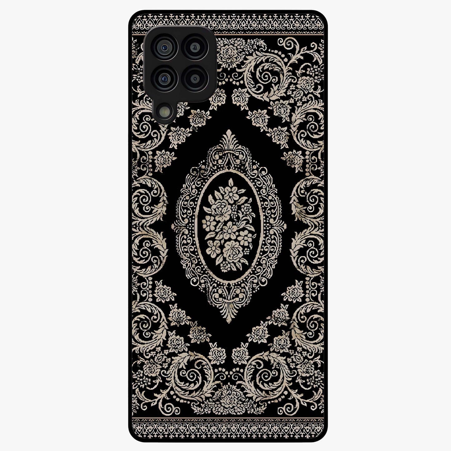 Noir Bloom Elegance Glass Case showing flat back view with elegant dark floral artwork and glossy glass finish.