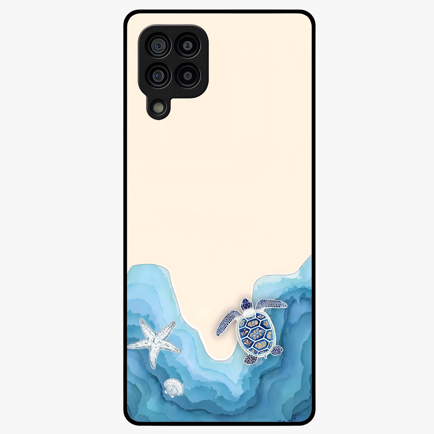 Ocean Drift Turtle Glass Case showing flat back view with sea turtle artwork and glossy glass finish.