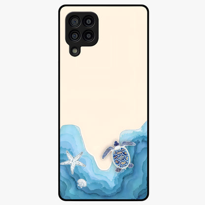 Ocean Drift Turtle Glass Case showing flat back view with sea turtle artwork and glossy glass finish.