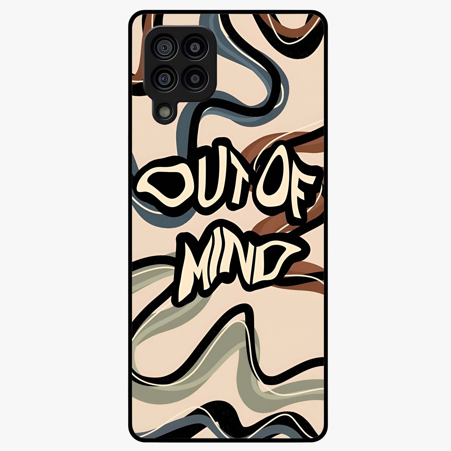 Out Of Mind Glass Case showing flat back view with expressive typography artwork and glossy glass finish.