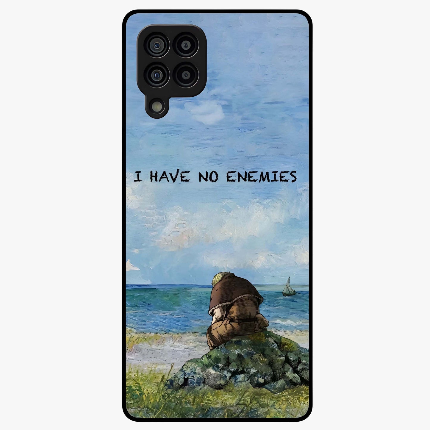 Peace Beyond War Glass Case showing flat back view with symbolic peace themed artwork and glossy glass finish.