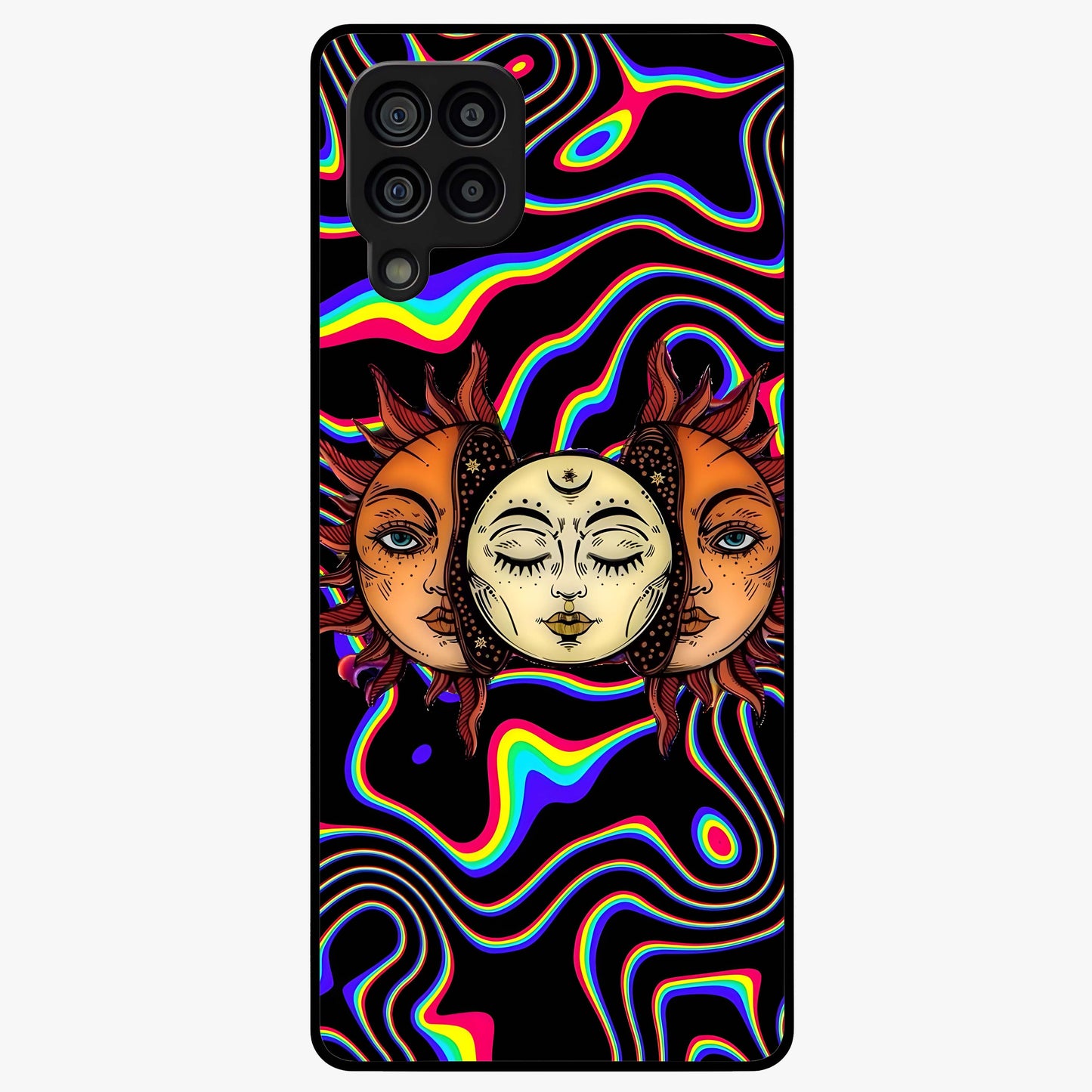 Psychedelic Sun Glass Case showing flat back view with colorful psychedelic sun artwork and glossy glass finish.