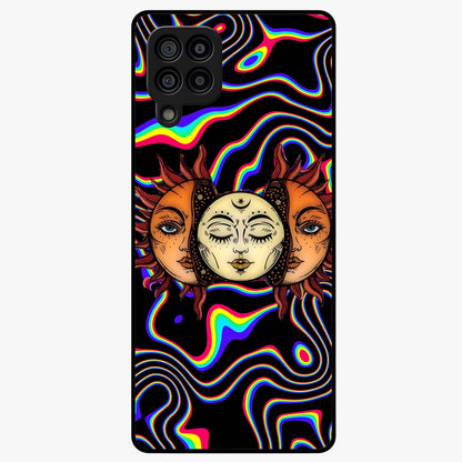 Psychedelic Sun Glass Case showing flat back view with colorful psychedelic sun artwork and glossy glass finish.