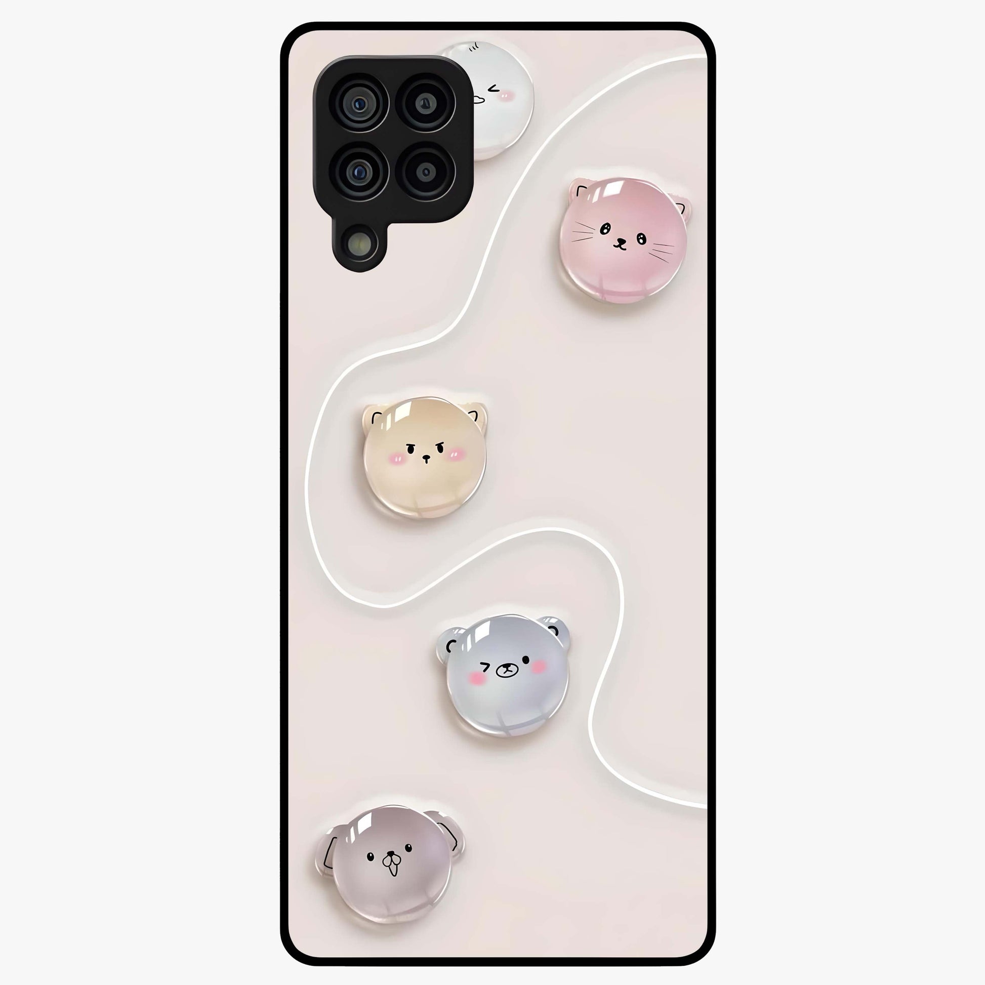 Puffy Face Parade Glass Case showing flat back view with cute puffy character faces artwork and glossy glass finish.