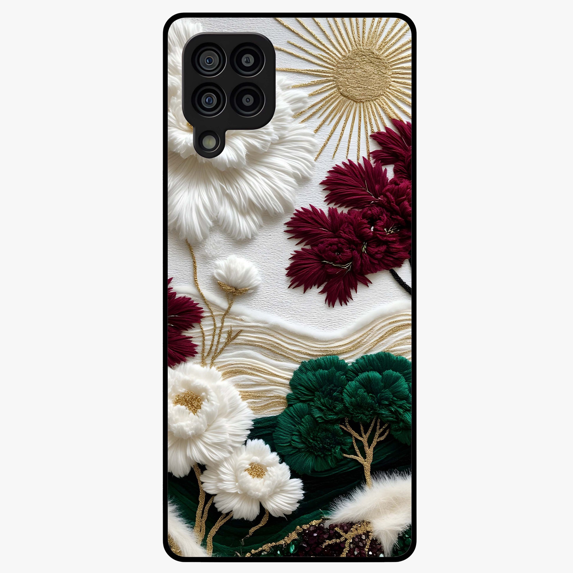 Radiant Bloom Elegance Glass Case showing flat back view with elegant blooming flower artwork and glossy glass finish.
