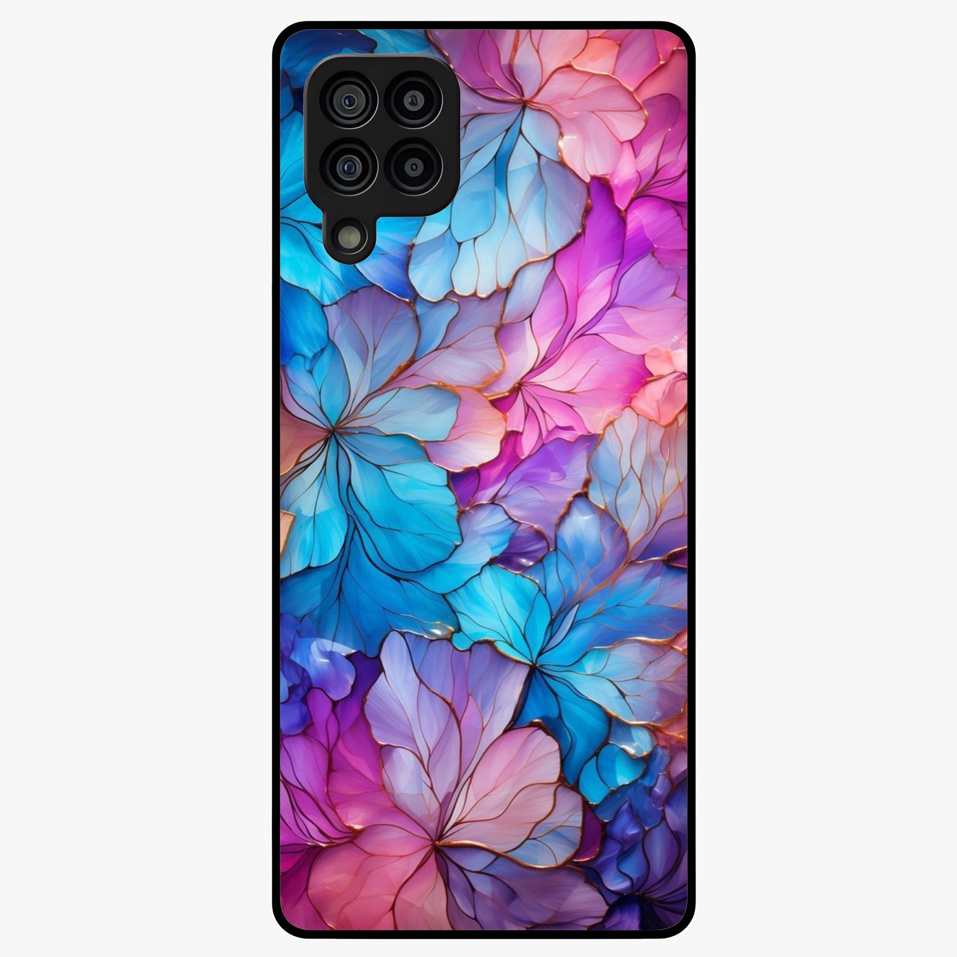 Radiant Floral Whirl Glass Case showing flat back view with swirling floral artwork and glossy glass finish.