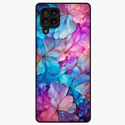 Radiant Floral Whirl Glass Case showing flat back view with swirling floral artwork and glossy glass finish.