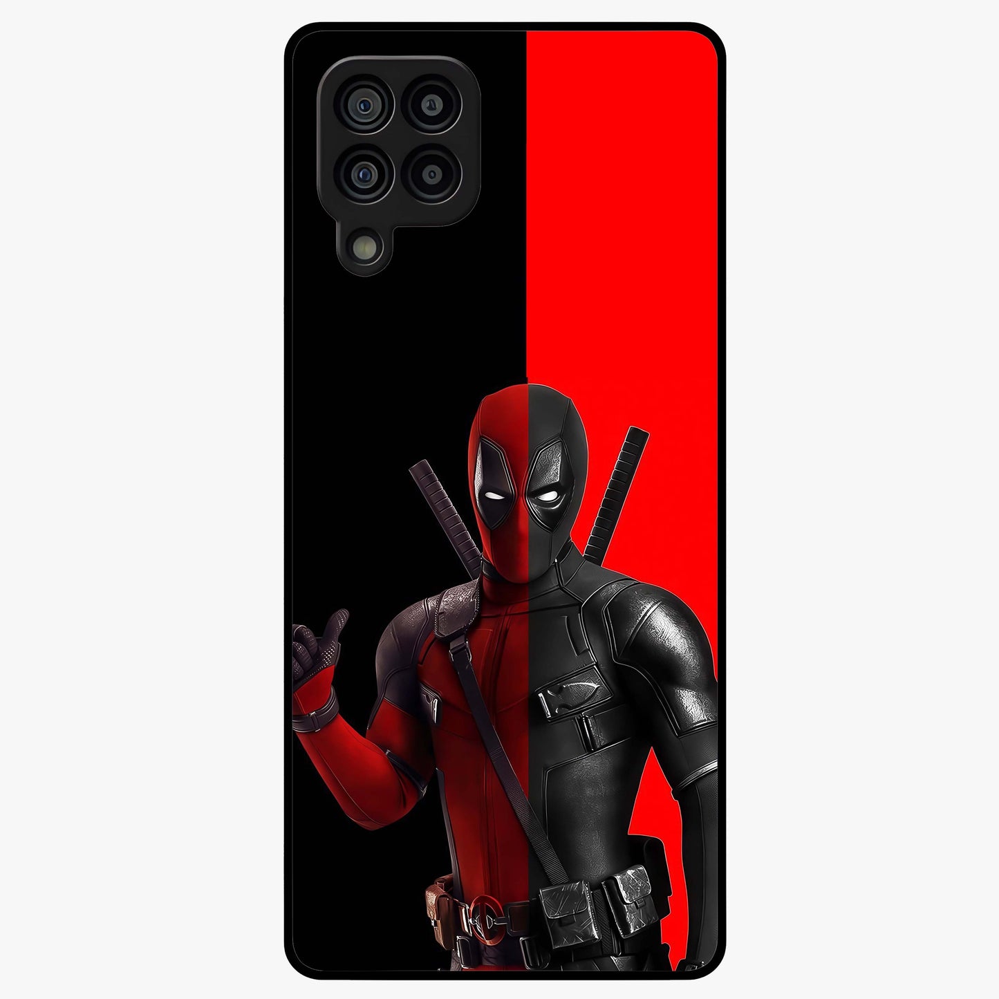 Red & Black Deadpool Theme Glass Case showing flat back view with bold comic inspired artwork and glossy glass finish.