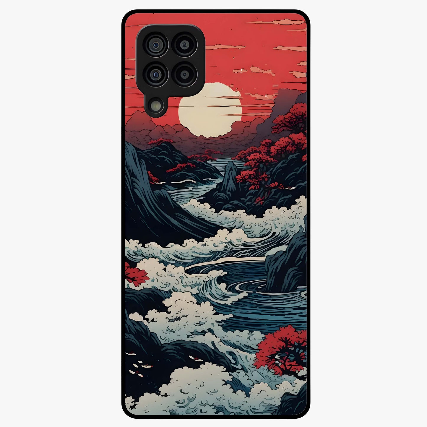 Red Sunset Scenery Glass Case showing flat back view with vibrant sunset landscape artwork and glossy glass finish.